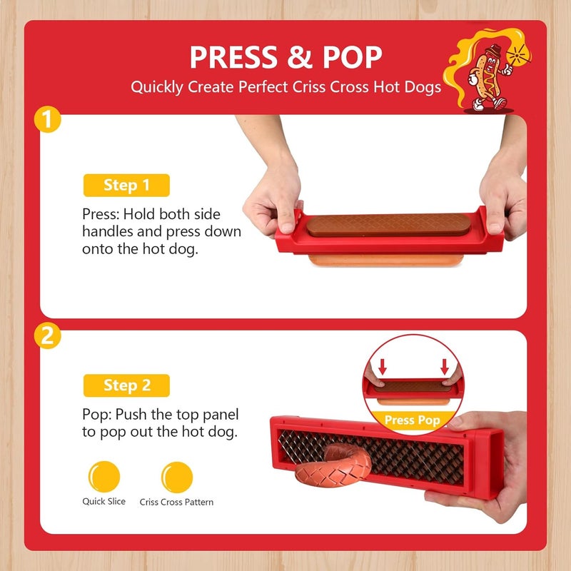 COSPELEY Hot Dog Cutter Tool - Pop-Out Hot Dog Slicer Criss Cross, Stainless Steel Blades, Suitable for Kitchen, Grilling, Tailgating, Camping and Backyard Outdoor BBQ - 11 Inch - Red - Image 2